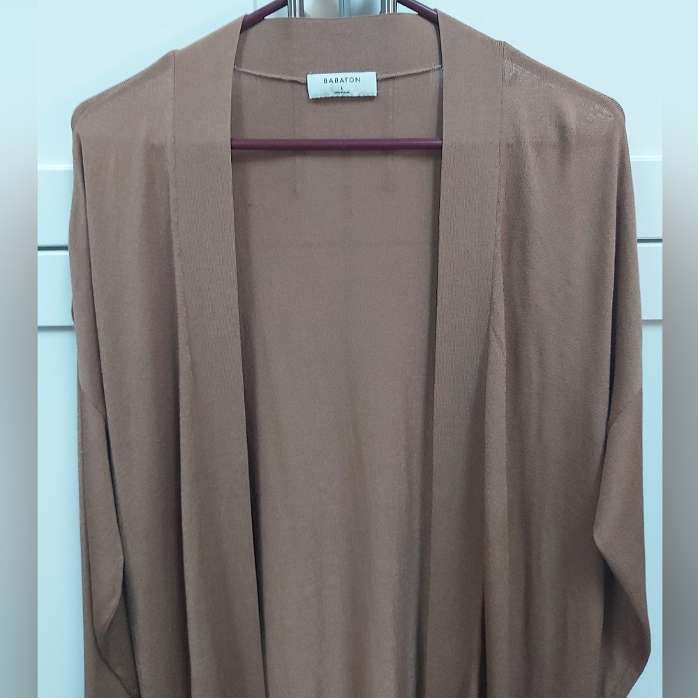 Babaton lightweight open-front cardigan in camel tan